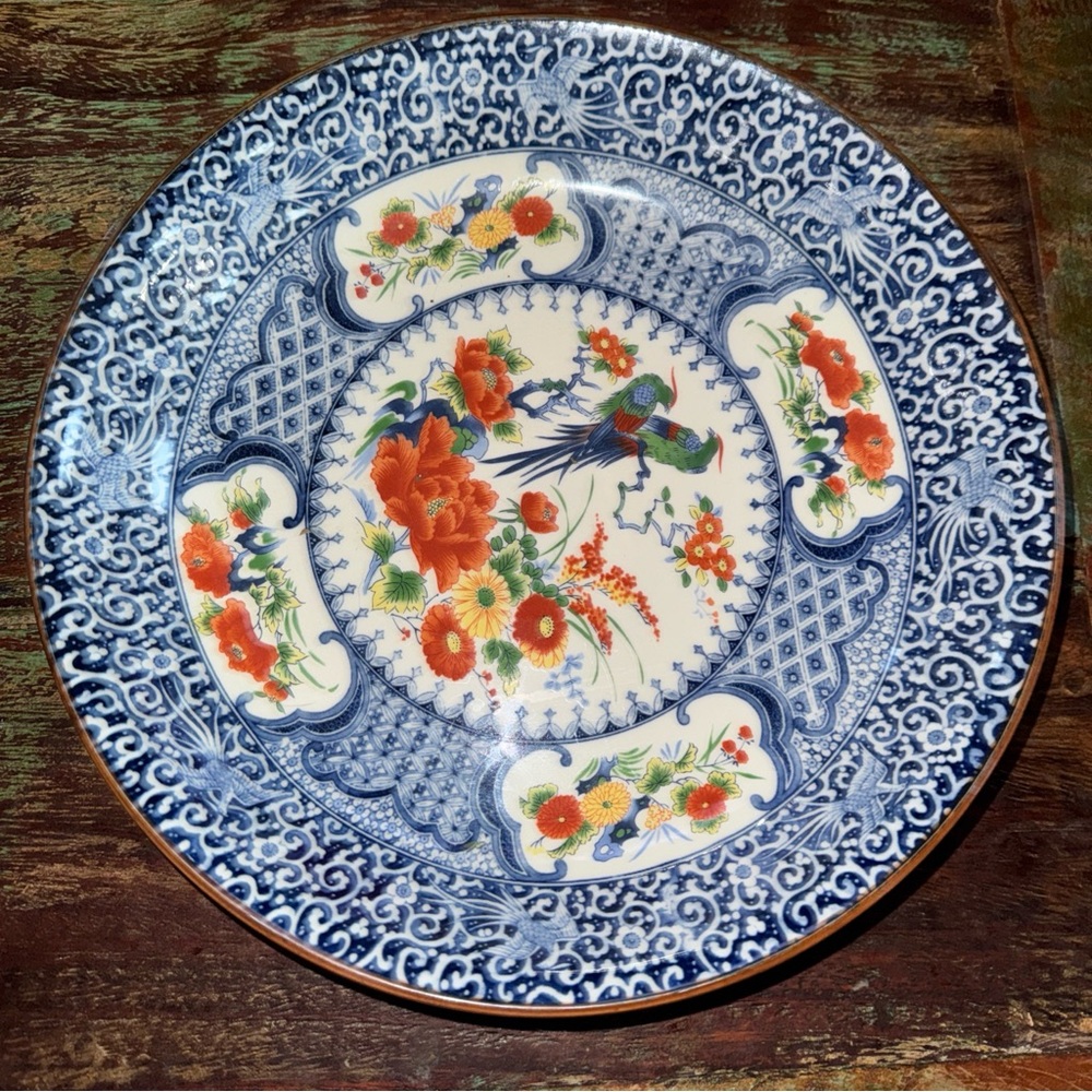 Vintage LRG Heavy Japanese Imari Porcelain 12” Hand Paint Floral Bird Arita Bowl